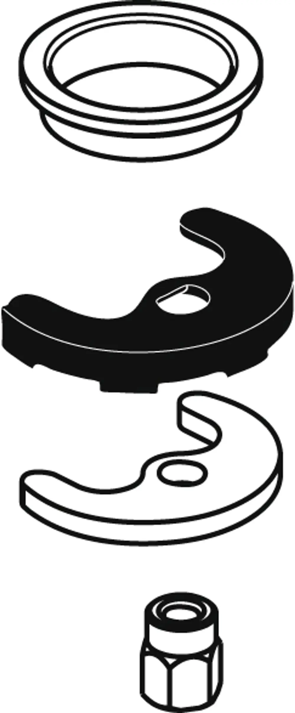 Befestigungsset bestehend aus mehreren Teilen, einschließlich Unterlegscheibe, einem beweglichen Element und einer Mutter, hergestellt von Ideal Standard.
